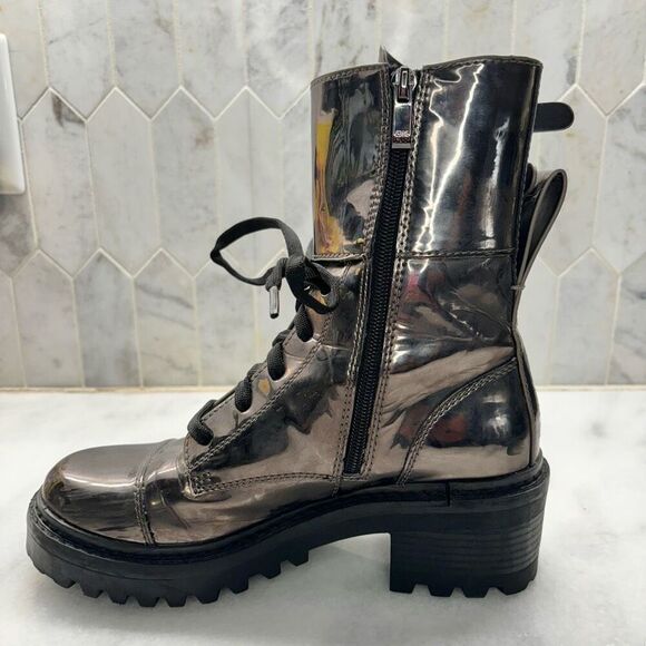 DKNY Metallic Gunmetal Double Buckle Chunky Lug Sole Bart Combat Boots Silver 7 - Picture 1 of 9
